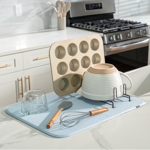 S&T INC. Dish Drying Mat XL, 18” x 24”, Absorbent Microfiber Kitchen Counter Mat, Dish Drying Pad for Dishes, Utensils, Pots and Pans, Extra Large, Sky Blue
