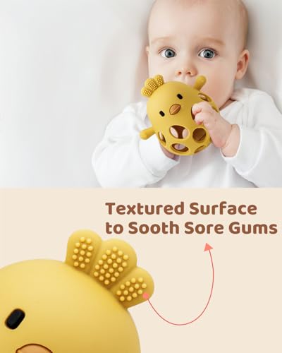 Image of Baby Teething Chick Toy, Upgraded Easy Grasp Silicone Teething Rattle Ball Toy for Babies Over 3 Months, 100% Food Grade, Gift for Infant Boys and Girls 0-6-12 Months (Yellow)