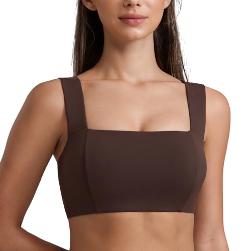 CRZ YOGA Butterluxe Womens Square Neck Sports Bras - Supportive Wide Straps Open Back Padded Camisole Yoga Crop Top