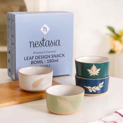 Image of Nestasia Ceramic Snack Bowl Set of 4 (180ml Each) - Dishwasher & Microwave Safe Bowls for Serving Soup, Rice, Dal, & Salad | Spring Leaf Printed Bowls with Matte Finish - Ideal for Gifting