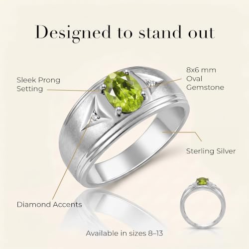 Image of Rylos Men's Rings Classic Design 8X6MM Oval Gemstone & Sparkling Diamond Ring - Color Stone Birthstone Rings for Men, Sterling Silver Rings in Sizes 8-13. Elevate Your Style with Timeless Elegance!