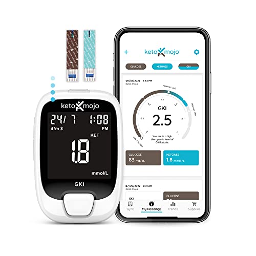 Keto Mojo Blood Ketone and Sugar Monitor Diabetes Test Kit 10 Ketone + 10 Glucose Test Strips 10 Lancets 1 Meter 1 Lancet Device GKI-Bluetooth