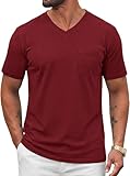 Runcati Camiseta de manga corta con cuello en V para hombre, camiseta básica de verano, casual, de algodón, para la playa, con bolsillo, granate, XL