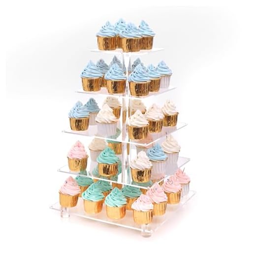 Antimbee 5 Tier Cupcake Stand, Clear Acrylic Cupcake Holder - Square Tower Display for Dessert Table + LED Light String, Cupcake Stand for Weddings/Birthday Party/Anniversary/Party Events/Get-Together
