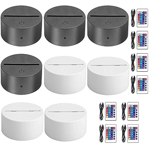 HYNNIO 8-Pack 3D Night LED Light Lamp Base, Large Size Base Includes Remote Control + USB Cable, 7 Colors Decoration Maison Decorative Lights for Bedroom Child Room Living Room Bar (Black+White) Cover