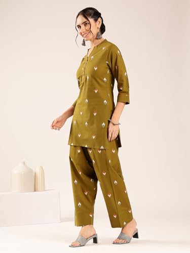 Image of Vbuyz Women's Printed & sequience work A-line Cotton Pink Kurta Pant With Dupatta