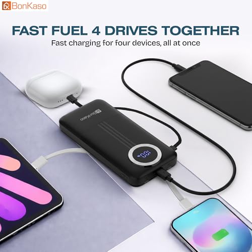 Image of BonKaso 10000mAh Power Bank 22.5W PD Fast Charging with Built-in 2-in-1 Type C & Lightning Cable, Digital Display, Dual USB Output, Compact Portable Charger for Android, iPhone, Tablets - Black