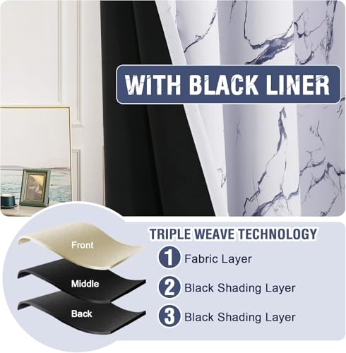 Image of BFAM Marble Print 100% Blackout Curtain with Black Linning at Back,Blue Marble Print Curtains for Living Room /Bedroom Thermal Insulated Energey Saving 10 Feet Pack of 1 Curtain