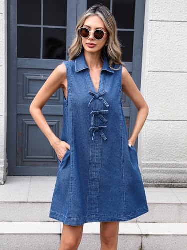 LifeShe Denim Dress for Women Summer Sleeveless V Neck Bow Tie Front Jean Mini Dresses2
