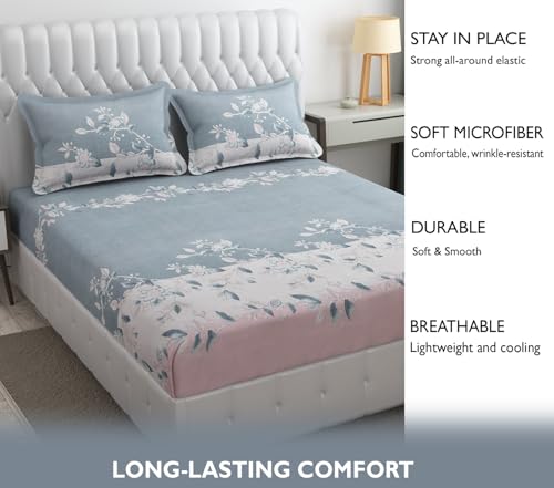 Image of FRESH FROM LOOM King Size Floral Print Microfiber Fitted Bedsheet Set - 240 TC, Anti Fade, Includes 2 Pillow Cover (Size - 78 x 72 Inches (Fits up to 10 Inch)| Grey, Walnut)