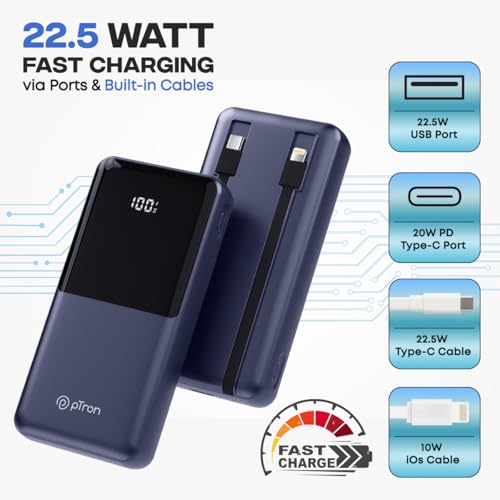 Image of pTron Dynamo Power 20000mAh 22.5W Super Fast Charging, USB Type-C Input Power Bank with Quick Charge & 20W Power Delivery, Built-in Charging Cables, 4 Outputs, Type-C Input /Output Port (Indigo Blue)