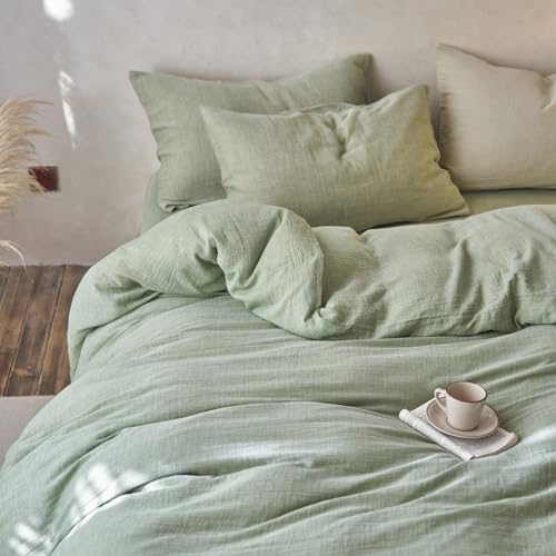 Image of EAVD Solid Mint Green Duvet Cover Queen Soft Breathable 100% Cotton Muslin Linen Like Gauze Comforter Cover with 2 Pillowcases Modern Simple Mint Green Comforter Cover with Zipper Closure