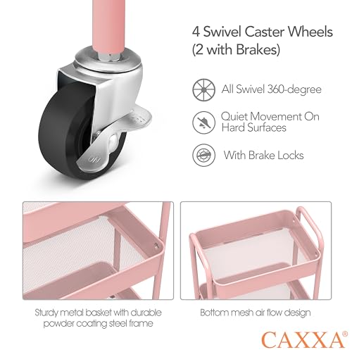 Image of CAXXA 3-Tier Rolling Metal Storage Organizer - Mobile Utility Cart with Caster Wheels, Pink