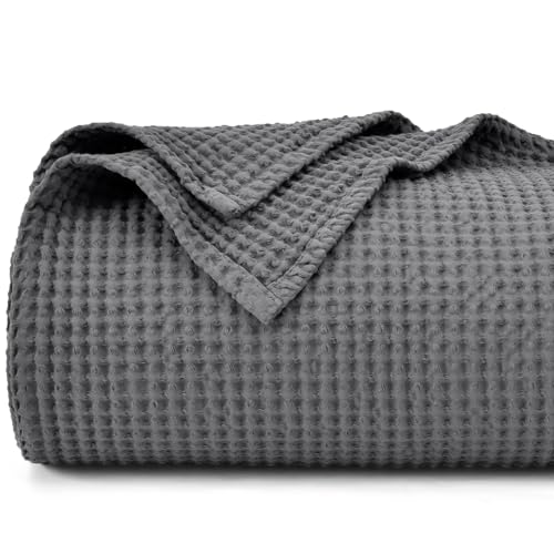 PHF 100% Cotton Waffle Weave Blanket Double Size 150 x 200cm, Pre-Washed Lightweight Breathable Throw Blanket for Summer, Oeko-TEX Certified for Bed Sofa, Home Decor, Charcoal Grey