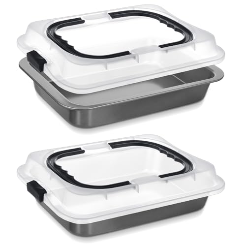 Qinyoung 2 Pcs Cake Baking Pan with Lid and Handle 9 x 13 Inch Non-stick Rectangle Sheet Cake Pan Carrier for Brownie Roasting Cooking Baking (Black Gray)