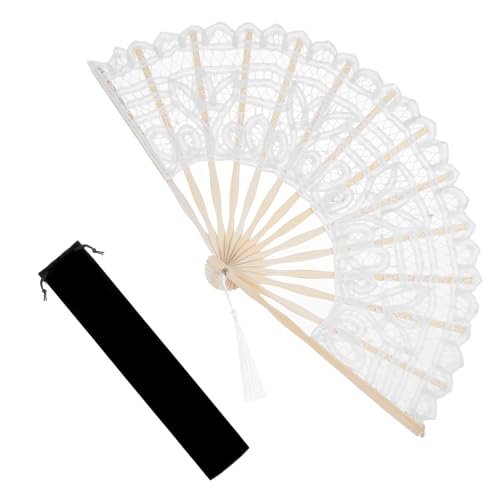 Abanicos de boda con bolsa de almacenamiento, abanicos de encaje, color blanco, plegable, abanicos de novia, abanicos de boda para bodas, decoración de danza, fiestas de carnaval