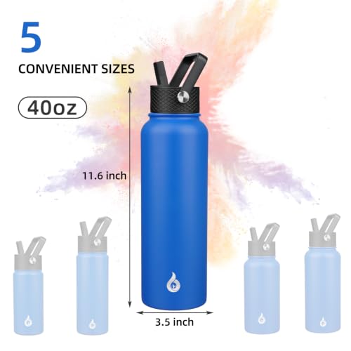 Image of BJPKPK Insulated Water Bottles with Straw Lid, 40oz Stainless Steel Metal Water Bottle with 3 Lids, Reusable Thermo, Keep Cold Hot for Sports, Gym-Sapphire