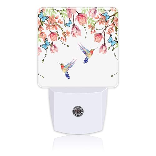 Image of Hummingbirds and Blue Butterflies Night Light Plug into Wall with Dusk to Dawn Sensor Cute Nightlight for Kid Girls Boys Women Men Room Decor, Hallway, Kitchen, Bathroom, Nursery, Stairs