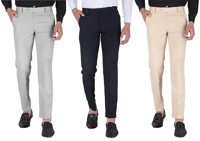 Men's Slim Fit Formal Trousers | Pants for Men | Stylish Premium Men's Wear | for Office, Party and Casual Wear | Viscose Blend | Combo Pack | Pack of 3
