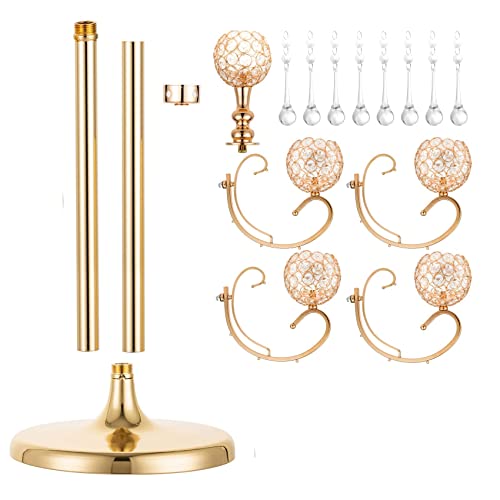 Gold Floor Candelabra For Centerpieces , 45.3In Tall 5-Branch Candle Holder With Crystal Beaded Chandelier Holder Stand For Wedding Aisle Party Ceremony Christmas Decoration #TOP5