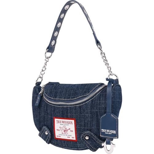 True Religion Hobo Shoulder Bag Purse, Denim Travel Handbag with Chain Strap, Light Blue