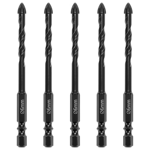 Image of QWORK® 6mm (5 Pcs) – Cross Tungsten Carbide Tip for Porcelain, Ceramic, Brick & Glass – 1/4 Inch Hex Shank Masonry Drill Bits for Power Tools & Impact Drivers