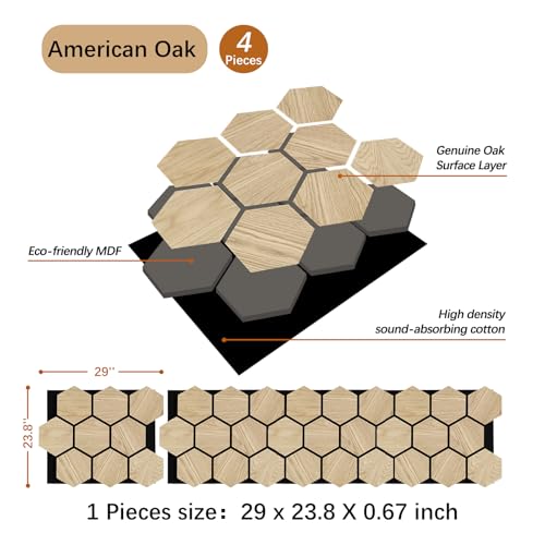 ARMURO Hexagon Wall Panels - 4 PCS Wood Panels for Wall - Natural Oak Wood Veneer Hexagon Sound Panels - Sound Absorbing Panels for Walls and Ceiling (23.8" W x 29" L)