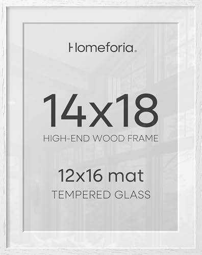 Image of Homeforia 14x18 White Picture Frame, High End Oak 14x18 White Wooden Poster Frames with Mat 12x16 for Print, 14 x 18 Wood Frame Matted to 12 x 16 Photo, 18x14 Frame, Tempered Glass, Wall Kit, Set of 1