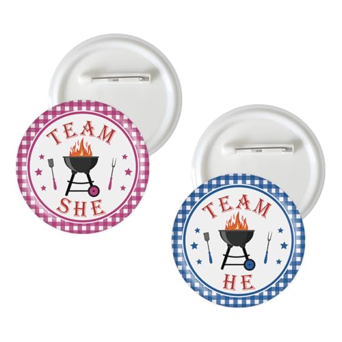 10 Pcs Baby Q Gender Reveal Button Pins, BBQ Team He Team She Badge Pins, Baby Barbecue Boy or Girl Stain Brooch Button for Gender Reveal Party Decorations
