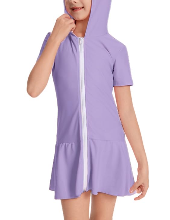 Image of Girls Sun Protective Swim Cover Up Hooded with Full-Length Zipper Short Sleeve UPF 50+ Beach Dress Coverup