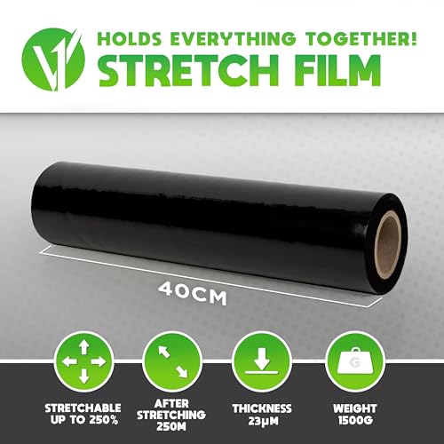 V1 Trade 2x Stretchfolie Schwarz - Folie für Möbel - Hand Umzugfolie 250m x 40 cm - Stretchfolienrolle Schwarzfolie 23my - Verpackungsfolie auf Rolle - Wickelfolie - Umzugsfolie Dehnung 250%