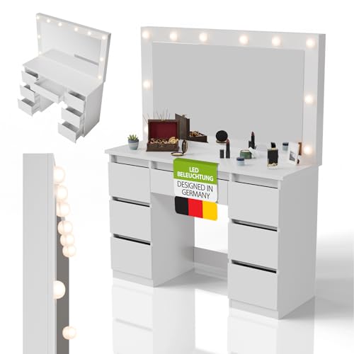 Juskys Schminktisch Lilia mit LED-Spiegel, 7 Schubladen, individuelle Lichteinstellung, viel Stauraum, modernes Design, kompakt & pflegeleicht für Make-up — Weiß