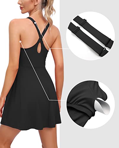 Womens Tennis Dress With Shorts Underneath Workout Dress With Built-In Bra Athletic Dresses Golf Dress Exercise Dress Black #TOP1