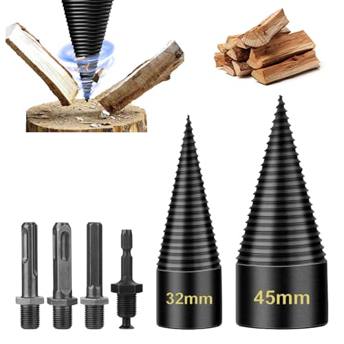 45+32mm Firewood Log Splitter, Fired Wood Kindling Splitter Set Detachable Design, Heavy Duty Electric Drills Screw Cone Driver Removable, Wood Splitting Wedge Tools 6Pcs