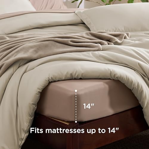 Image of Bedsure Twin Comforter Set Beige, 6 Pieces Prewashed Twin Size Bed in a Bag with Soft Fleece Bed Blanket, Down Alternative Bedding Set for All Seasons, Sheets, Pillowcase & Sham