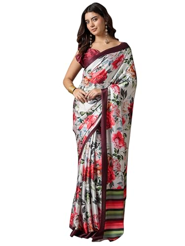 Image of AKHILAM Women's Multicolor Satin Silk Floral Printed Saree With Unstitched Blouse (SATIN1403 RJ11 Parent)