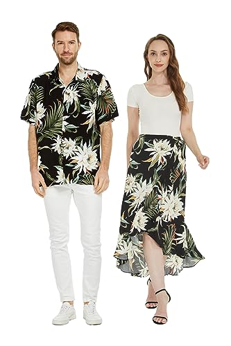 Matchable Couple Hawaiian Luau Shirt or Wrap Skirt in Wispy Cereus Black