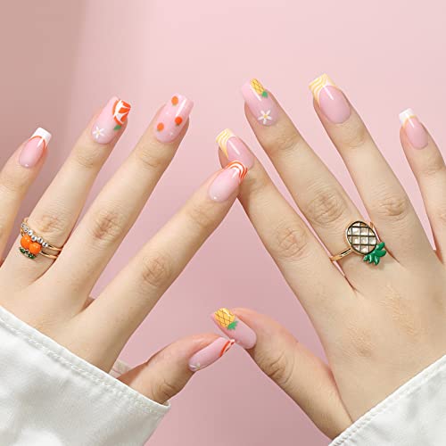 Summer Press On Nails Short Square - Nude Pink French Tip Fake Nails Bright Color Soft Gel Glue On Nails Medium False Nails With Design, Reusable Arcrylic Orange Yellow Stick On Nails Kit For Women Gift Lacheer #TOP1