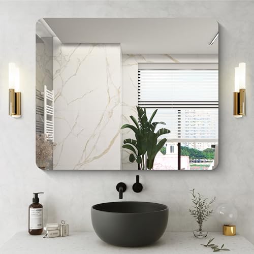 NIMURY Espejo de pared rectangular, 75x90 cm, sin marco, espejo de baño con esquinas redondeadas, espejo rectangular para baño, dormitorio, sala de estar, se cuelga horizontal o verticalmente