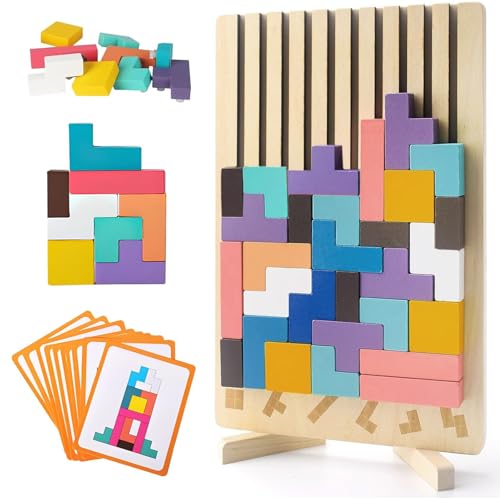 Tetris - Jogo de madeira para crianças, jogo de quebra-cabeças de madeira, conjunto de azulejos Montessori, adequado para crianças de 2 a 10 anos