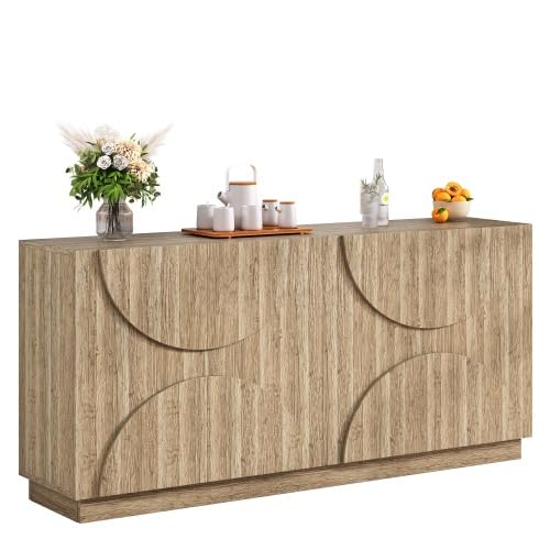 vutizal Sideboard Wohnzimmer mit Holzoptik & Bogenfronten, Aufbewahrungsschrank mit Federzug-Türen & Regalen, Esszimmer Sideboard, 160x40x80 cm