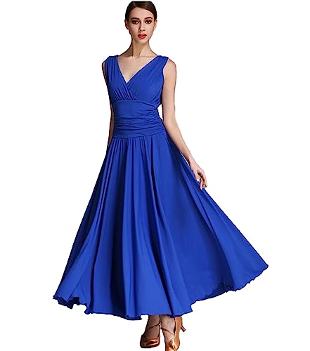 OTMYIGO Ballsaal-Tanzkleid für Damen, Walzerkleid, Wettbewerbskleider, Standard-Tanzkleidung, Kurzarm-Kostüme,Blau,L