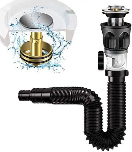 Upgraded Bathroom Sink Drain Kit, with Flexible & Expandable P-Trap Sink Drain Pipe Tube, Built-in Anti-clogging Stopper Pop Up Drain, Suitable for 1-1/2'' OD Drain Inlets
