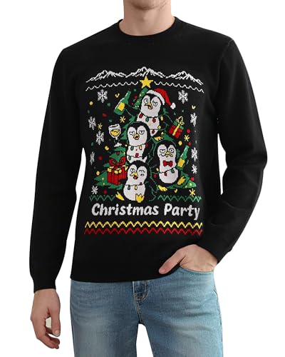 Runhit Ugly Christmas Sweater for Men Women Couples Funny Christmas Sweaters Fun Holiday Pullovers Novelty Xmas Pullover Gift Black Penguin Party L