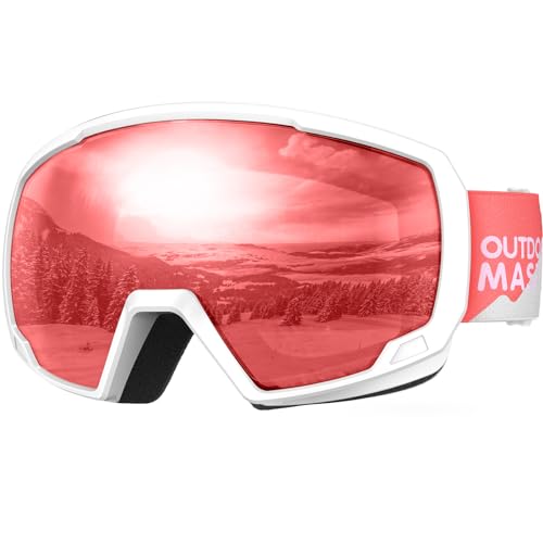 OutdoorMaster Kids Ski Goggles, Snowboard Goggles - Youth Snow Goggles - VLT28% White Frame Light Rose Red Lens