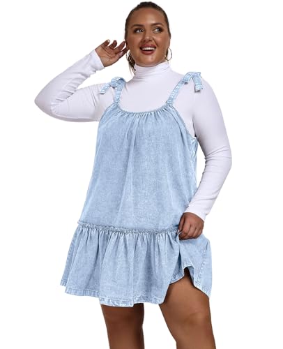 Image of Denim Dress for Women Tie Shoulder Sleeveless Denim Mini Dress Casual Flowy Babydoll Dress Wash Jean Dress