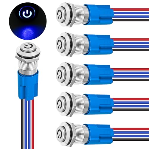 Image of Nilight 12mm Latching Push Button Switch 6pcs LED Blue Waterproof | Small Round Power Button Switches with Pre-Wiring Socket for Car Truck Boat Marine RV Vehicle