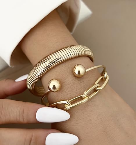 Image of Chunky Gold Bangle Bracelets for Women, Dainty 14k Gold Plated Big Stackable Bangles Set, Trendy Statement Cuff Bracelet Stack Fashion Jewelry Gifts