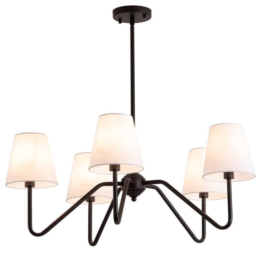 Lustre américain Abat - Jour en Tissu Design rétro Lustre 5 Branches Lumineuses Noir Mat Hauteur réglable Salon Lustre Chambre Cuisine Salle à Manger luminaires