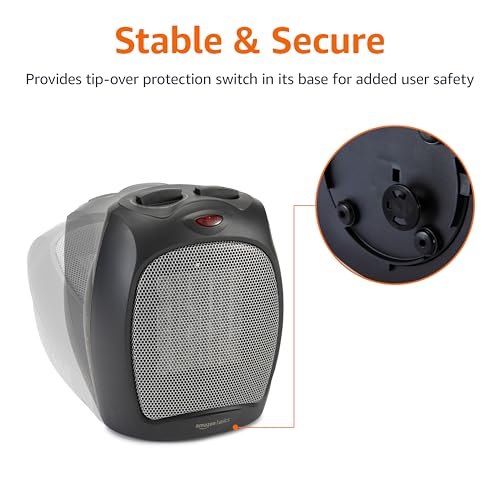 Amazon Basics Ceramic Space Heater, Portable Indoor Heating Solution, With Overheat and Tip-Over Protection, Thermostat, Non-Oscillating, 1500W, 7.52"D x 6.34"W x 9.45"H, Black thumbnail 6
